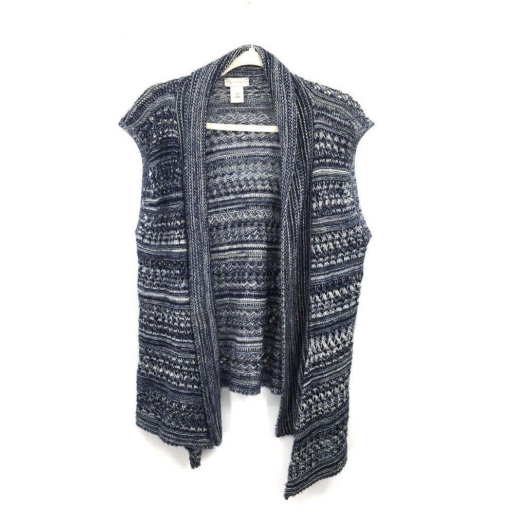 CB Blue‎ & White Chucky Knit sweater Vest Cardigan coastal cowgirl boho L